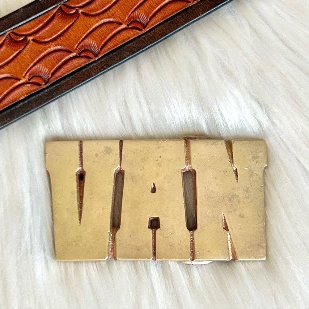 VAN Vintage Brass 1970s Name Belt Buckle Western Unisex Vanlife